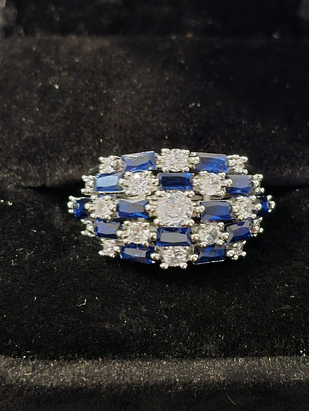 Vintage Deco Size 7 Sapphire Blue Baguette Ring Silver Tone Cocktail Statement